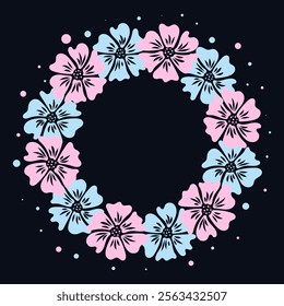 A vibrant and playful vector illustration featuring a circular wreath of pink and blue flowers against a dark background. The wreath is adorned with scattered dots. Floral decorative frame. Vector