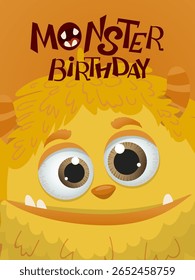 Vibrant and playful vector illustration featuring a cute yellow monster with a big smile, perfect for birthday themes. The monster s joyful expression adds fun and whimsy to the celebration.