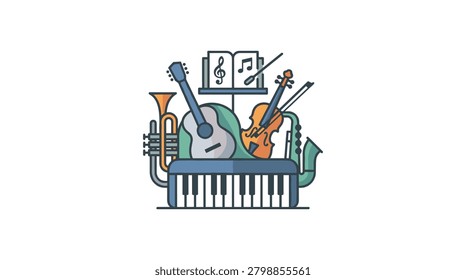 Vibrant and playful vector illustration featuring a collection of musical instruments like a violin, trumpet, and guitar arranged on top of a piano keyboard. Perfect for music, education, and creative project visuals.