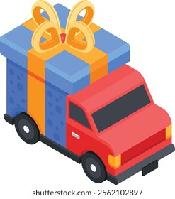 A vibrant and playful vector illustration of a red delivery truck carrying a large blue gift box wrapped with an orange ribbon and bow. Perfect for designs related to shipping, gifting, celebrations.