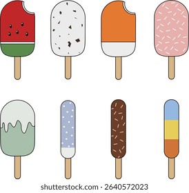 A vibrant and playful vector illustration set featuring a variety of sweet and delicious ice cream designs