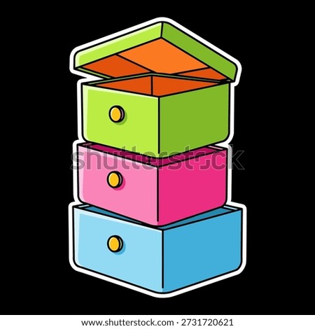 A vibrant and playful vector illustration of three stacked drawers in bright colors, perfect for organizing and adding a pop of color to any space.