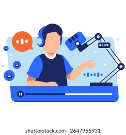 Um vibrante anfitrião de podcast com fones de ouvido e microfone interagindo com entusiasmo em um espaço de estúdio digital