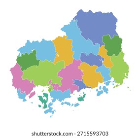 Vibrante mapa político vetorial da Prefeitura de Hiroshima no Japão mostrando todas as regiões administrativas