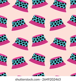 Vibrant Polka Dot Bucket Hat Seamless Vector Pattern. Playful and artistic design ideal for fashion, textiles, and modern graphic projects.