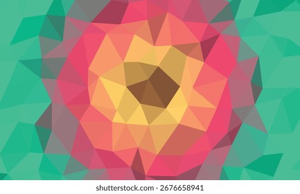 Patrón geométrico poligonal vibrante con un centro floral en rosa, naranja y verde azulado abstracto bajo poli