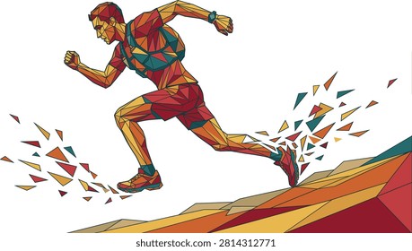 A vibrant polygonal graphic artwork depicting a man sprinting downhill, conveying the concepts of speed, agility, and outdoor fitness adventure. This dynamic illustration is highly suitable for sports branding, athletic apparel designs, and motivational health advertisements.