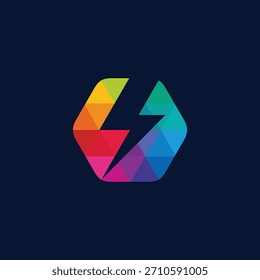 Vibrante diseño de logotipo de rayo poligonal con un espectro dinámico de colores dentro de una forma hexagonal, que simboliza la velocidad, la energía y la innovación en un estilo abstracto moderno