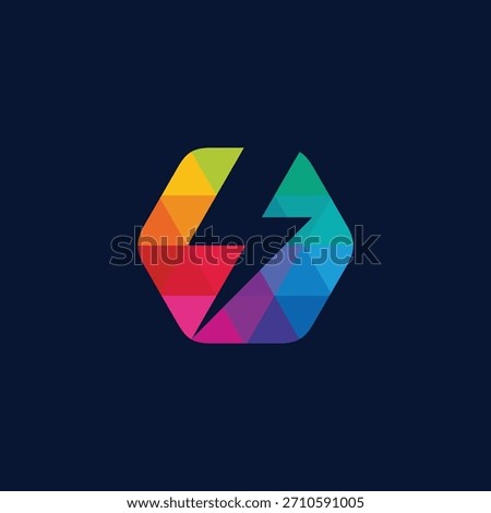Vibrant polygonal lightning bolt logo design featuring a dynamic spectrum of colors within a hexagonal shape, symbolizing speed, energy, and innovation in a modern abstract style