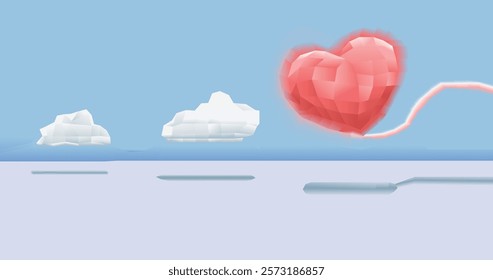 A vibrant polygon-style heart-shaped balloon floats amidst stylized clouds in the sky, evoking love and playfulness.