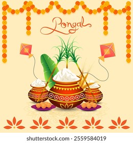 A vibrant Pongal illustration featuring traditional Pongal pots with boiling milk and rice sugarcane flying kites marigold garlands sweet Pongal bowls and festive Pongal text symbolizing joy 