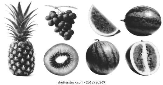 Vibrant Pop Art Collage of Summer Fruits in Halftone Style Featuring Watermelon Pineapple and Kiwi, Dadaism and Brutalism Meet Retro Aesthetic with Modern Grunge Elements