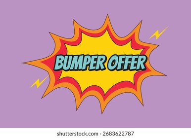 A vibrant pop art and comic book style graphic featuring the bold text "BUMPER OFFER" in a dynamic yellow, red, and orange explosion speech bubble against a purple background.
