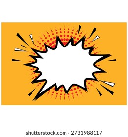 Eine lebendige Pop-Art-Comic-Explosion Sprachblase, weiß und bereit für Text, sticht vor einem energetischen orangefarbenen Hintergrund mit klassischen roten Halbtonpunkten hervor. Perfekt für die Übertragung von Einschlag, Ausrufen oder dynamischen Botschaften im Retro-Stil.