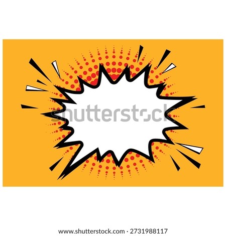 A vibrant pop art comic explosion speech bubble, white and ready for text, stands out against an energetic orange background with classic red halftone dots. Perfect for conveying impact, exclamations, or dynamic messages in a retro style.