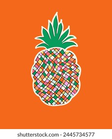 Vibrant pop art drawing of a pineapple, adorned with pixelated mosaic, stands out against an orange backdrop. A modern twist on tropical elegance. Vector format for your clean designs.