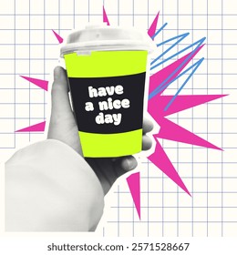 Vibrant Pop Art Halftone Coffee Cup with Positive Message