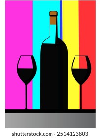 A vibrant pop art illustration of a wine bottle and two glasses on a colorful background, perfect for creating retro-inspired designs