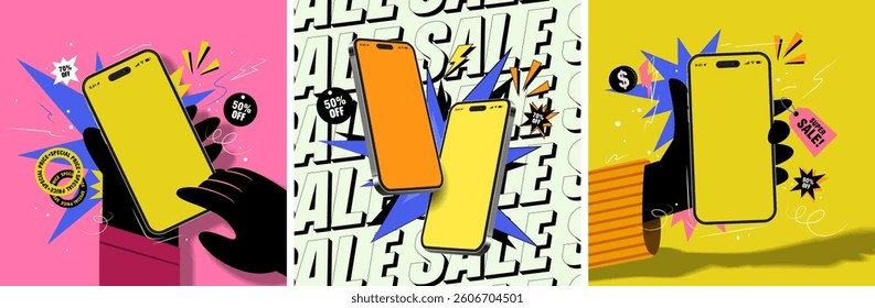 Vibrant Pop Art Mobile Shopping Concept with Discount Offers and Special Sales Promotion