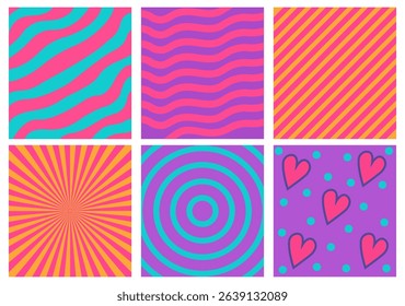 Vibrant Pop Art Pattern Set – Retro Geometric and Heart Designs in Neon Colors