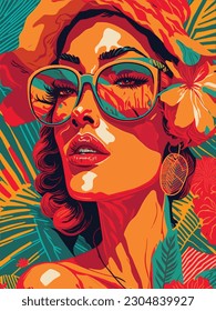 A vibrant pop art portrait of a woman with bright red lipstick