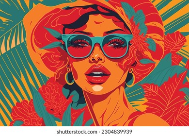 A vibrant pop art portrait of a woman with bright red lipstick