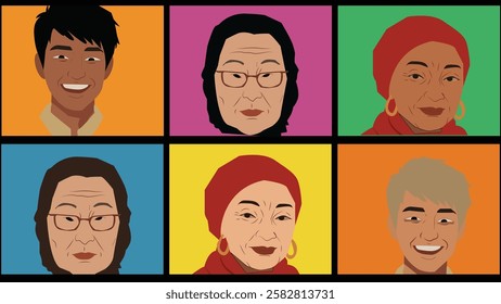  A vibrant pop art-style illustration featuring diverse faces of different ages and ethnicities, symbolizing unity, diversity, and inclusivity within a colorful grid design