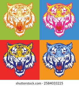 vibrant pop art-style tiger head illustration with bold colors like green, blue, pink, and orange, featuring fierce expressions and strong contrasts. Perfect for modern, animal-themed designs.