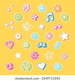 Vibrant Pop Color Icons: Flowers, Stars, Hearts, and Nature Elements for Playful and Creative Designs.