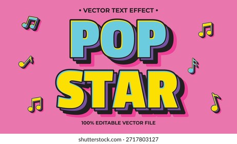 Efecto de texto de estrella pop vibrante con notas de música sobre fondo rosa