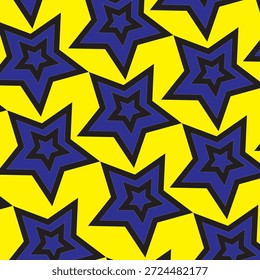 Um padrão vibrante de estilo pop-art com estrelas azuis em camadas com contornos pretos e arrojados, espalhados por um fundo amarelo brilhante. O design de alto contraste cria uma energia visual dinâmica.