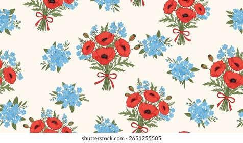 Vibrant poppy and forget me not floral pattern design with rustic charm and delicate petals