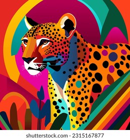 A vibrant portrait of a cheetah made up of colorful geometric shapes and polygons.
