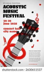 Cartaz vibrante para o festival de música acústica apresenta guitarra, elementos de design como notas musicais e detalhes do evento destacando a alegria de performances de música ao vivo. Ilustração vetorial.