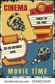 A vibrant poster announces a cinema event featuring the finest films. The design includes classic movie elements and highlights