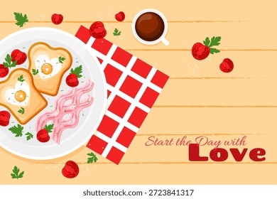 Cartaz vibrante com café da manhã na mesa de madeira bege.Bela bandeira com comida. Decorações para o Dia dos Namorados, backery, café, restaurante. Estilo de desenho animado plano. Torrada e ovos fritos. Ilustração vetorial. 