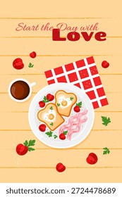 Cartel vibrante con el desayuno en la mesa de madera beige. Anuncio encantador con comida. Decoraciones para el día de San Valentín, panadería, cafetería, restaurante. Estilo plano de la historieta. Tostadas y huevos fritos. Ilustración vectorial. 