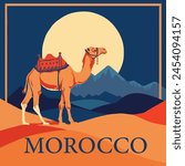 A vibrant poster celebrating Morocco uses a camel against a desert backdrop under a full moon to symbolize the country's resilience and nomadic spirit.