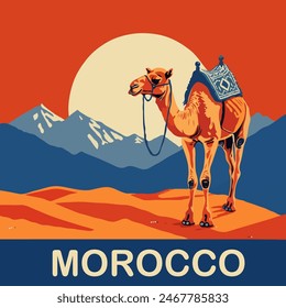 A vibrant poster celebrating Morocco uses a camel against a desert backdrop under a full moon to symbolize the country's resilience and nomadic spirit.