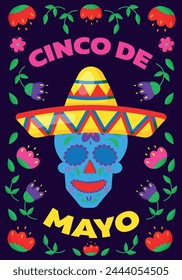 A vibrant poster for Cinco de Mayo featuring an illustration of a skull wearing a sombrero, with electric blue and magenta colors in a circle pattern. Font, headgear, art, and visual arts