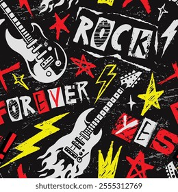 A vibrant poster design filled with electric guitars stars and bold red and yellow graphics. The artwork captures the dynamic spirit of rock music with striking patterns.