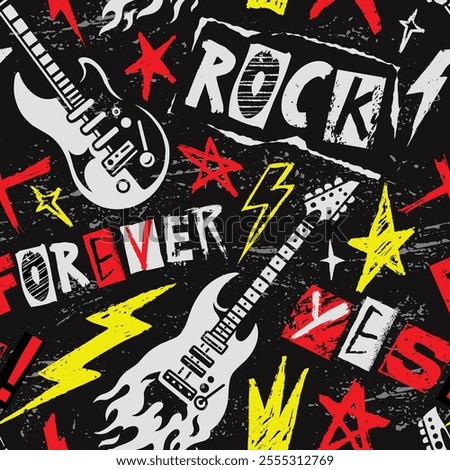 A vibrant poster design filled with electric guitars stars and bold red and yellow graphics. The artwork captures the dynamic spirit of rock music with striking patterns.
