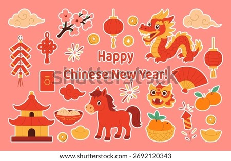 A vibrant poster featuring various Chinese New Year decorations, including a dragon, lanterns, and other symbols. The poster is titled "Happy Chinese New Year"