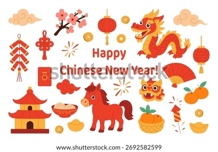 A vibrant poster featuring various Chinese New Year symbols, including a dragon, a horse, and lanterns. The poster is titled "Happy Chinese New Year" and is designed to celebrate the festive occasion