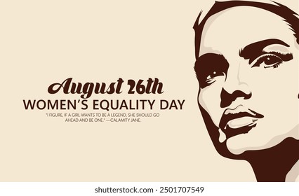A vibrant poster featuring a woman in a superhero pose, surrounded by colorful shapes and the text "Women's Equality Day" and a quote by Calamity Jane.