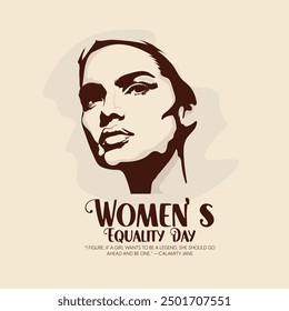 A vibrant poster featuring a woman in a superhero pose, surrounded by colorful shapes and the text "Women's Equality Day" and a quote by Calamity Jane.