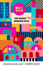 A vibrant poster in the Memphis style of the 90s, featuring multi-colored abstract minimalist architectural illustrations and geometric shapes