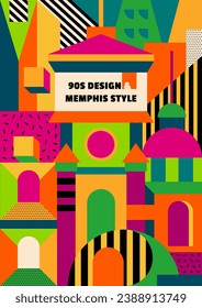 A vibrant poster in the Memphis style of the 90s, featuring multi-colored abstract minimalist architectural illustrations and geometric shapes