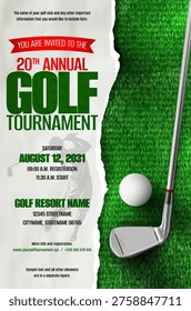 Vibrant poster promoting golf tournament with eye-catching design featuring grass playground, metal club, ball and torn paper. Vector illustration.