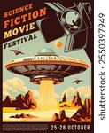 A vibrant poster promoting a science fiction movie festival displaying a flying saucer above desert landscapes with planets and a camera set